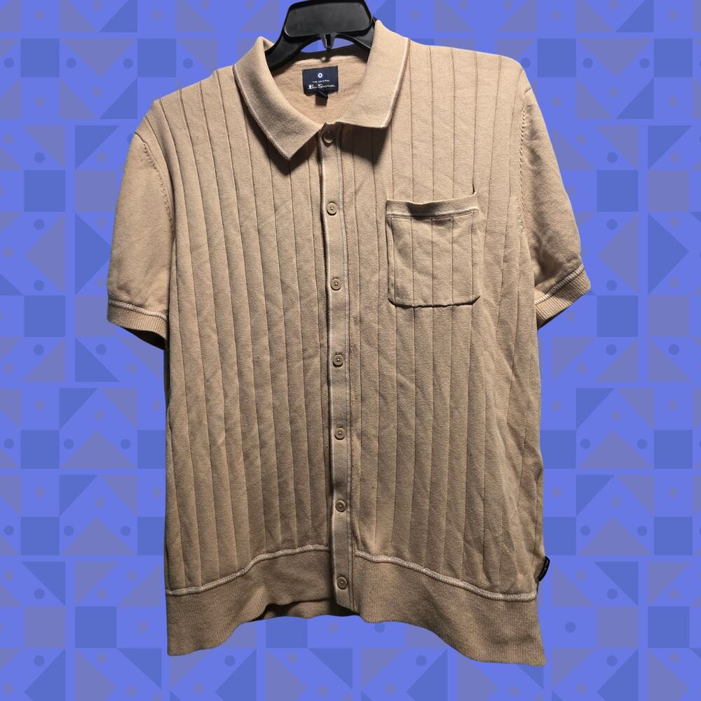 Ben Sherman Vertical Stripe Full-Button Knit Polo